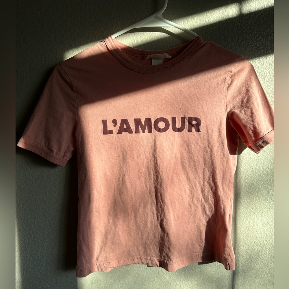 H&M pink and red size XS adult women short sleeve “AMOUR” shirt in 100% cotton
